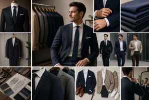 Ilustrasi jas pria formal dan modern dengan berbagai model, bahan, warna, dan gaya menswear
