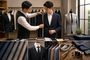 Jas pria Jogja custom dengan pilihan model, bahan, ukuran, dan warna untuk wisuda, pernikahan, serta acara formal